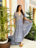 Pure Cotton Long Maxi Dress Indian Block Print Summer Pretty Daywear Outfit Blue Vibes Custard Leaf |