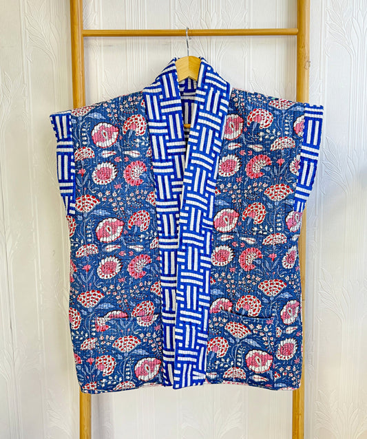 Quilted Gilet Pure Cotton Reversible Short Autumn Winter Jacket Waist Coat Outer wear Indian Hand Block-print | Blue White Stripe Floral