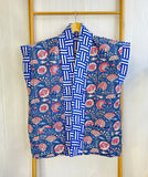 Quilted Gilet Pure Cotton Reversible Short Autumn Winter Jacket Waist Coat Outer wear Indian Hand Block-print | Blue White Stripe Floral