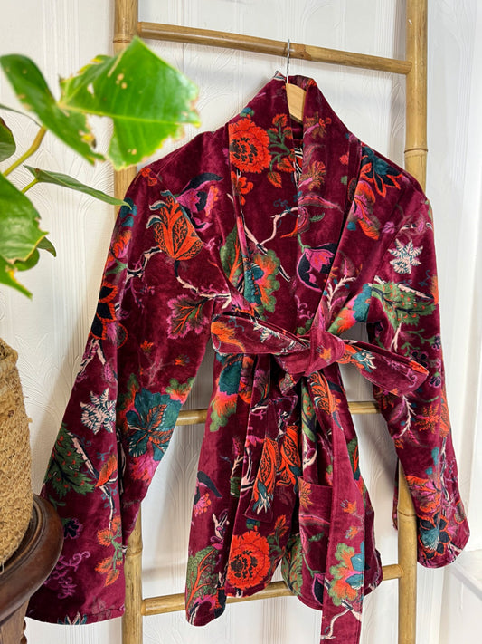 Luscious Luxurious Hip Length Shawl Collar Kimono Printed Velvet Jacket