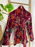 Luscious Luxurious Hip Length Shawl Collar Kimono Printed Velvet Jacket