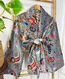 Luscious Luxurious Hip Length Shawl Collar Kimono Printed Velvet Jacket