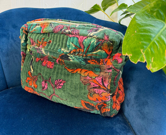 Luxury Velvet Washbag | Forest Green With Floral Patterns