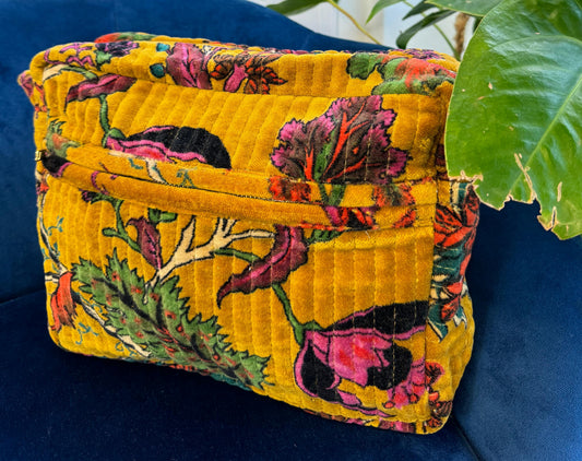 Luxury Velvet Washbag | Bumblebee / Neon Orange With Floral Patterns