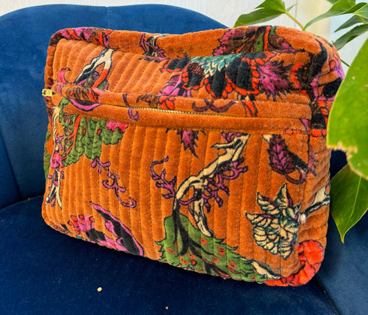 Luxury Velvet Washbag | Marmalade Orange With Floral Pattern