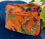 Luxury Velvet Washbag | Marmalade Orange With Floral Pattern