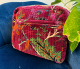 Luxury Velvet Washbag | Dark Fuchsia Pink With Floral Pattern