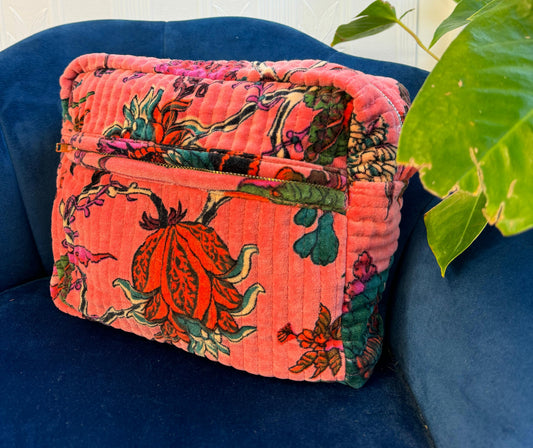 Luxury Velvet Washbag | Salmon Orange With Floral Patterns
