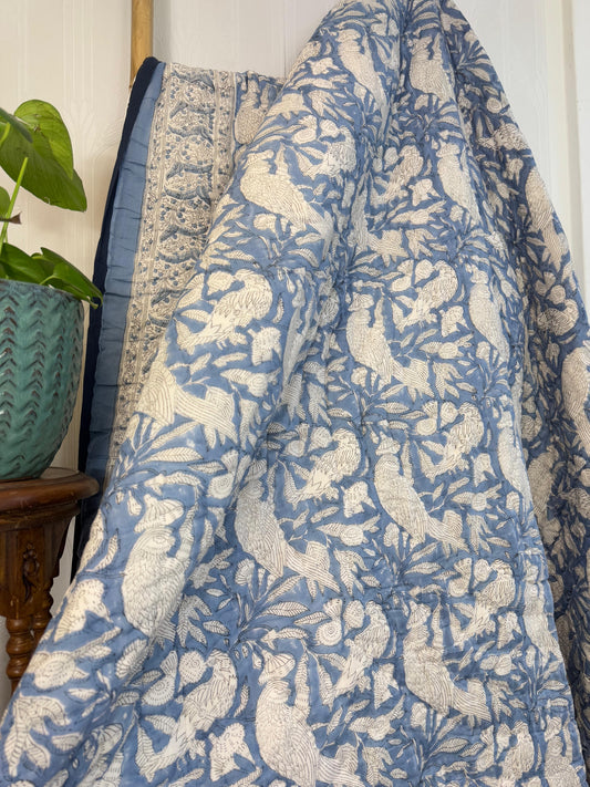 Quilted Pure Cotton Reversible Bed Throw – King Size Summer Indian Quilt with Elegant Blue Pheasant Handprint Design