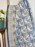 Quilted Pure Cotton Reversible Bed Throw – King Size Summer Indian Quilt with Elegant Blue Pheasant Handprint Design