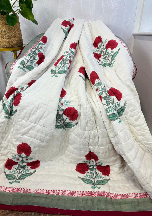 Quilted Pure Cotton Reversible Bed Throw – King Size Summer Indian Handmade Quilt with Floral Red Marigold Print