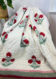 Quilted Pure Cotton Reversible Bed Throw – King Size Summer Indian Handmade Quilt with Floral Red Marigold Print