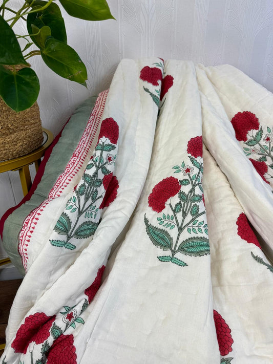 Quilted Pure Cotton Reversible Bed Throw – King Size Summer Indian Handmade Quilt with Floral Red Marigold Print