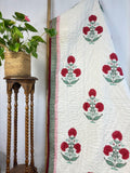 Quilted Pure Cotton Reversible Bed Throw – King Size Summer Indian Handmade Quilt with Floral Red Marigold Print