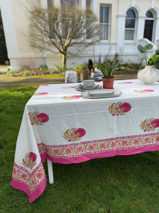 Large Table Handblock Printed Cotton Spring Summer Floral Table Cover | Bright Quirky Colours | Table & Home Decor | White Pink Marigold