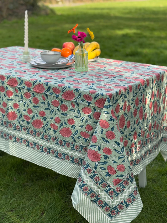 Large Table Handblock Printed Cotton Spring Summer Floral Table Cover | Bright Quirky Colours | Table & Home Decor | Sage Peach Teal Flower