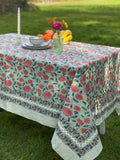 Large Table Handblock Printed Cotton Spring Summer Floral Table Cover | Bright Quirky Colours | Table & Home Decor | Sage Peach Teal Flower