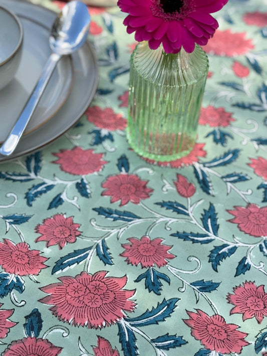 Large Table Handblock Printed Cotton Spring Summer Floral Table Cover | Bright Quirky Colours | Table & Home Decor | Sage Peach Teal Flower
