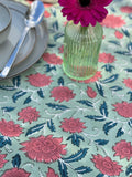 Large Table Handblock Printed Cotton Spring Summer Floral Table Cover | Bright Quirky Colours | Table & Home Decor | Sage Peach Teal Flower