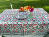Large Table Handblock Printed Cotton Spring Summer Floral Table Cover | Bright Quirky Colours | Table & Home Decor | Sage Peach Teal Flower