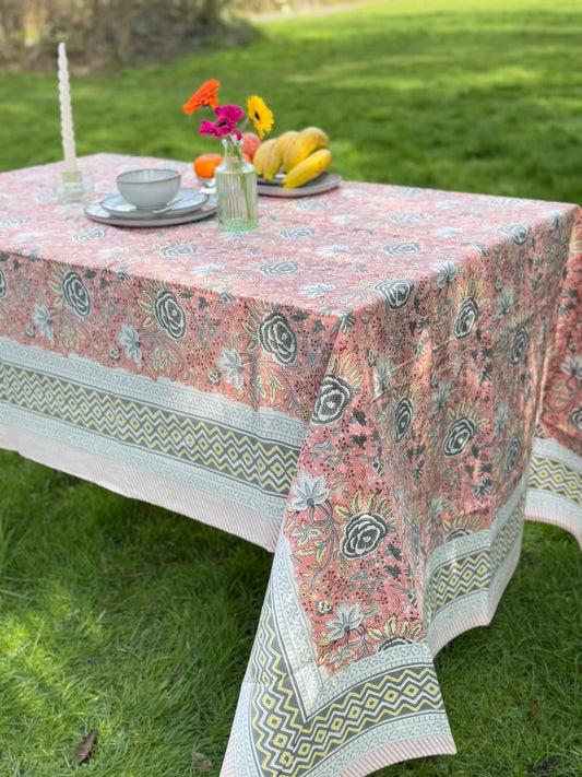 Large Table Handblock Printed Cotton Spring Summer Floral Table Cover | Bright Quirky Colours | Table & Home Decor | Pastel Peach Rose