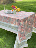 Large Table Handblock Printed Cotton Spring Summer Floral Table Cover | Bright Quirky Colours | Table & Home Decor | Pastel Peach Rose