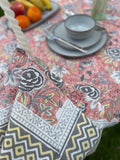 Large Table Handblock Printed Cotton Spring Summer Floral Table Cover | Bright Quirky Colours | Table & Home Decor | Pastel Peach Rose