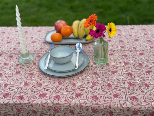 Large Table Handblock Printed Cotton Spring Summer Floral Table Cover | Bright Quirky Colours | Table & Home Decor | Earthly Peach Pink Lotus