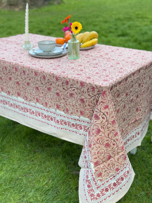 Large Table Handblock Printed Cotton Spring Summer Floral Table Cover | Bright Quirky Colours | Table & Home Decor | Earthly Peach Pink Lotus