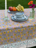 Large Table Handblock Printed Cotton Spring Summer Floral Table Cover | Bright Quirky Colours | Table & Home Decor | Dusty Rose Yellow Blue Gardenis