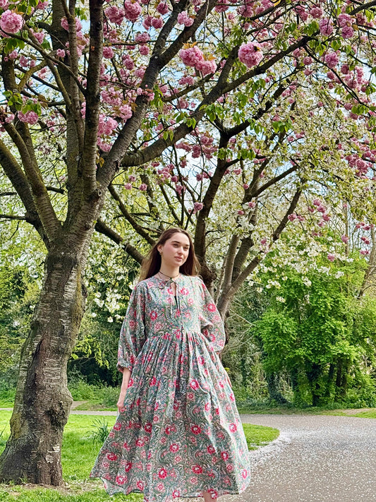 Pure Cotton Long Dress Indian Block Print Boho Colourful Summer Earthy Elegant Comfy Daywear Mom Outfit Floral Pink Teal Green