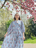 Pure Cotton Long Dress Indian Block Print Boho Colourful Summer Earthy Elegant Comfy Daywear Mom Outfit | Blue Stripe Pink Floral
