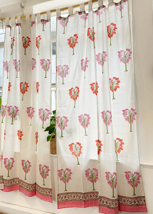 Stunning block-printed curtains on a crisp white cotton base with floral Red Pink