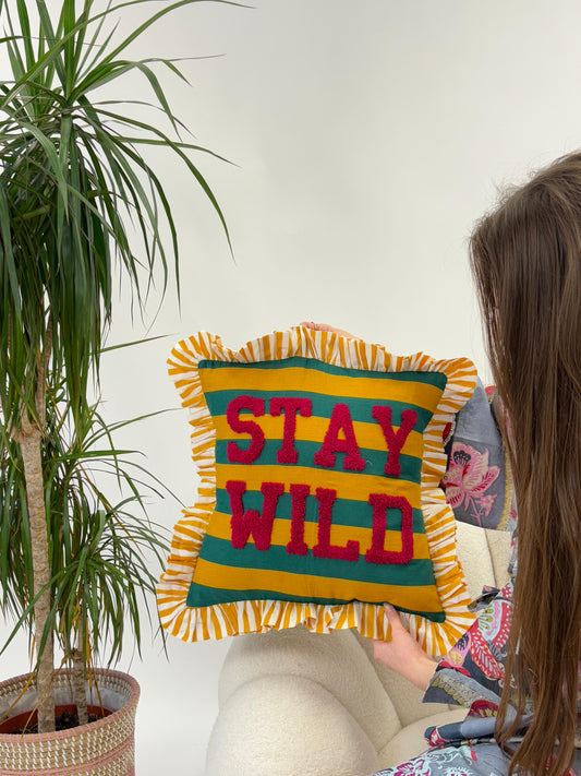 Embroidered Cotton Cushion Cover with Frill : Green yellow stripe with red STAY WILD