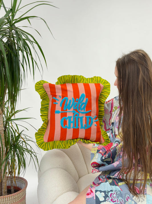 Embroidered Cotton Cushion Cover with Frill : peach and orange stripe with sky blue WILD CHILD