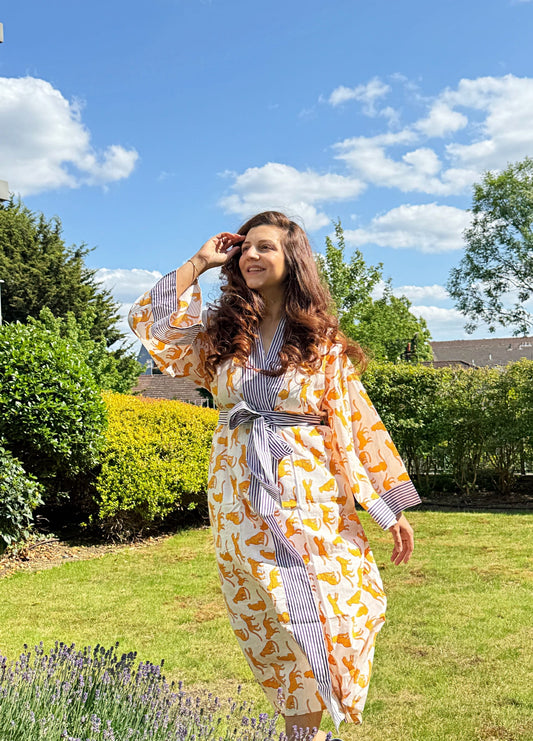 Pure Cotton Block-print House Robe Summer Kimono Beach Coverup/Comfy Lounge Animal Goddess Totem Magic | White Yellow Cheetah Leopard Purple