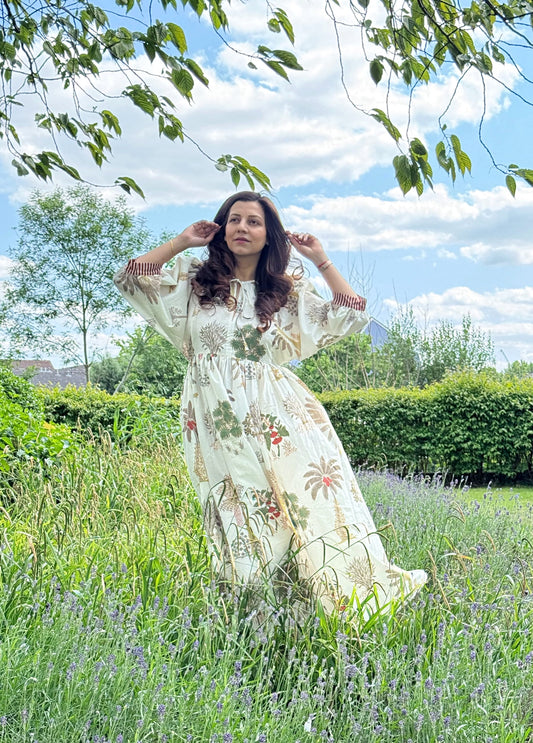 Pure Cotton Long Dress Indian Block Print Boho Colourful Summer Earthy Elegant Comfy Daywear Mom Outfit Almond White Palm Tree Bohemia