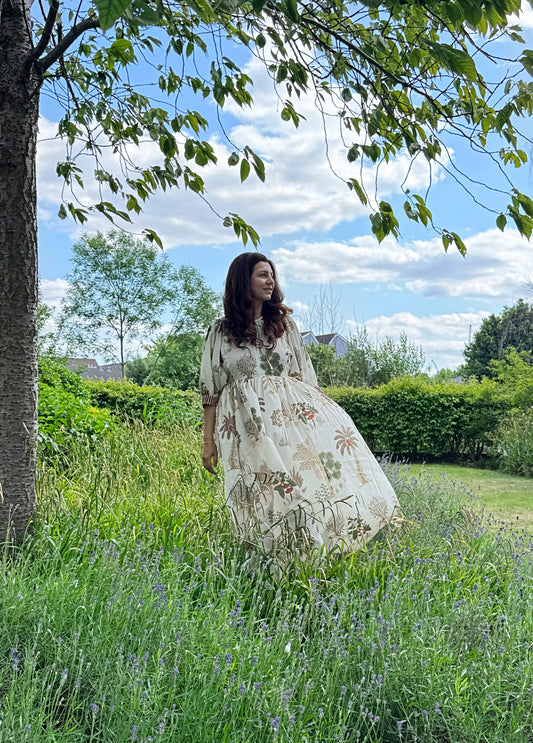 Pure Cotton Long Dress Indian Block Print Boho Colourful Summer Earthy Elegant Comfy Daywear Mom Outfit Almond White Palm Tree Bohemia