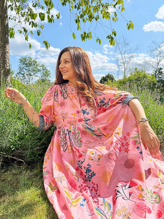 Pure Cotton Long Dress Indian Block Print Boho Colourful Summer Earthy Elegant Comfy Daywear Mom Outfit Candy Pink Bouquet Gardenia