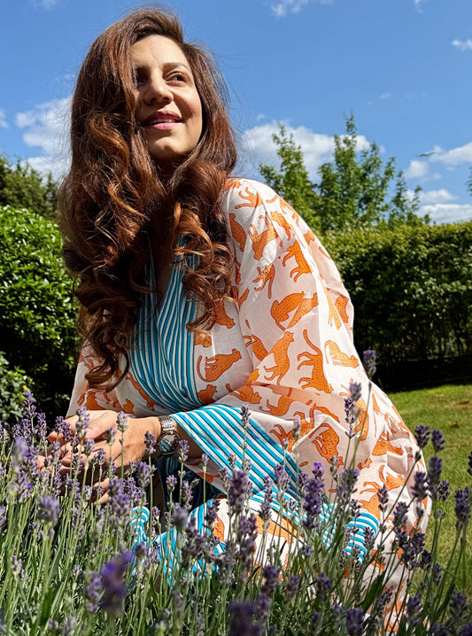 Pure Cotton Block-print House Robe Summer Kimono Beach Coverup/Comfy Lounge Animal Goddess Totem Magic | White Orange Aqua Cheetah Leopard