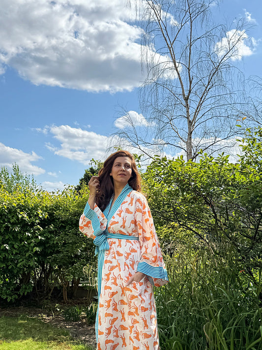 Pure Cotton Block-print House Robe Summer Kimono Beach Coverup/Comfy Lounge Animal Goddess Totem Magic | White Orange Aqua Cheetah Leopard