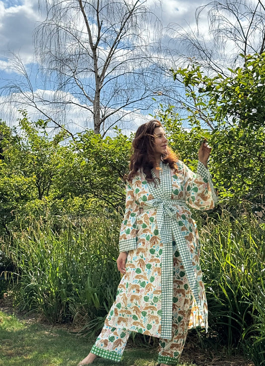 Pure Cotton Block-print House Robe Summer Kimono | Floral Beach Coverup/Comfy Lounge Animal Goddess Totem Magic | White Green Tiger