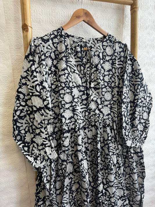 Elegant Block print Midi Dress stitched to be your next comfy dress this Summer in Monochorme Black White Mughal Floral