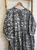 Elegant Block print Midi Dress stitched to be your next comfy dress this Summer in Monochorme Black White Mughal Floral