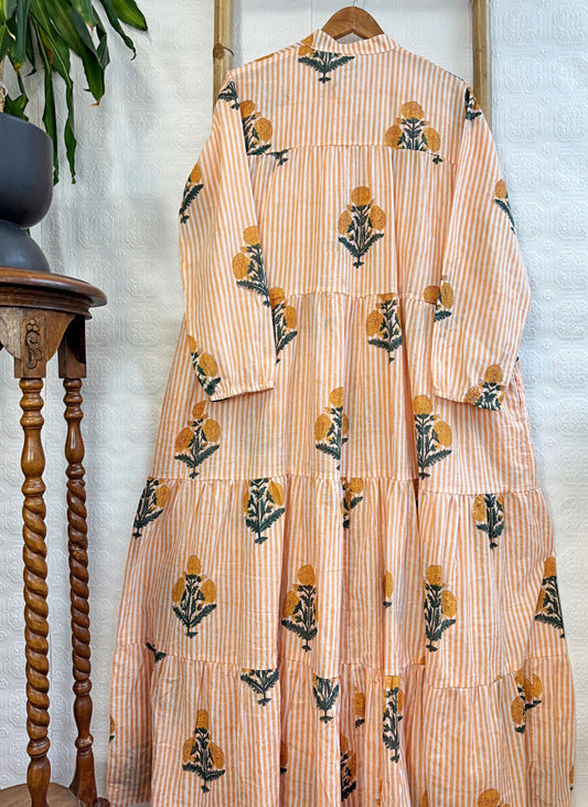 Pure Cotton Maxi Dress Indian Block Print Summer Earthy Nature Beach Goddess Comfy Daywear Boho Beach Outfit | White Mustard Peach Marigold