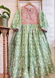 Pure Cotton Long Dress Indian Block Print Boho Colourful Elegant Comfy Daywear Mom Outfit | Quilted Green Pink Bib Lover Summer Dream