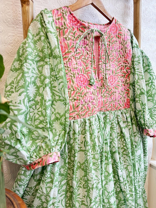 Pure Cotton Long Dress Indian Block Print Boho Colourful Elegant Comfy Daywear Mom Outfit | Quilted Green Pink Bib Lover Summer Dream