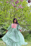 Pure Cotton Long Dress Indian Block Print Boho Colourful Elegant Comfy Daywear Mom Outfit | Quilted Green Pink Bib Lover Summer Dream