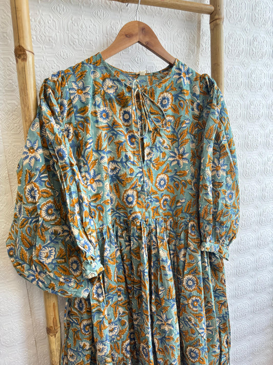 Elegant Block print Midi Dress stitched to be your next comfy dress this Summer in Soft Corn Green Orange Dreamy Era