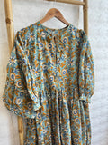 Elegant Block print Midi Dress stitched to be your next comfy dress this Summer in Soft Corn Green Orange Dreamy Era